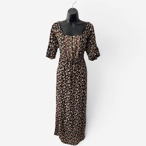 April Cornell Floral Midi Dress Black Cottagecore Prairie Puff Sleeve Size Med
